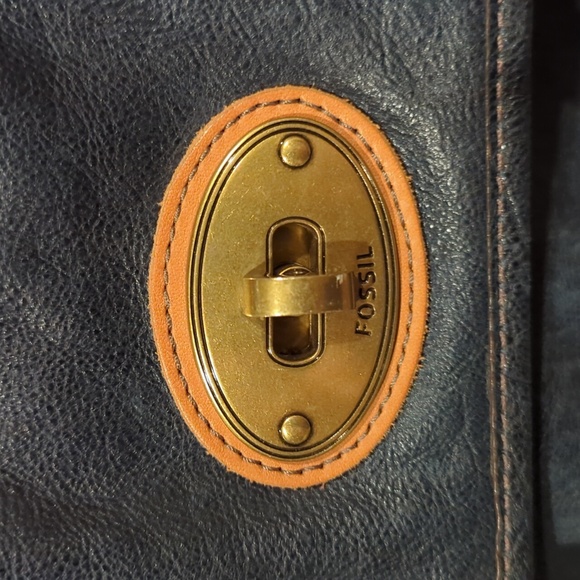 Fossil navy leather satchel with brown leather detail and gold hardware. - Picture 3 of 10